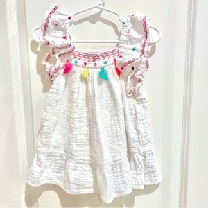 Embroidered Pom Ruffle Sleeve Dress - White